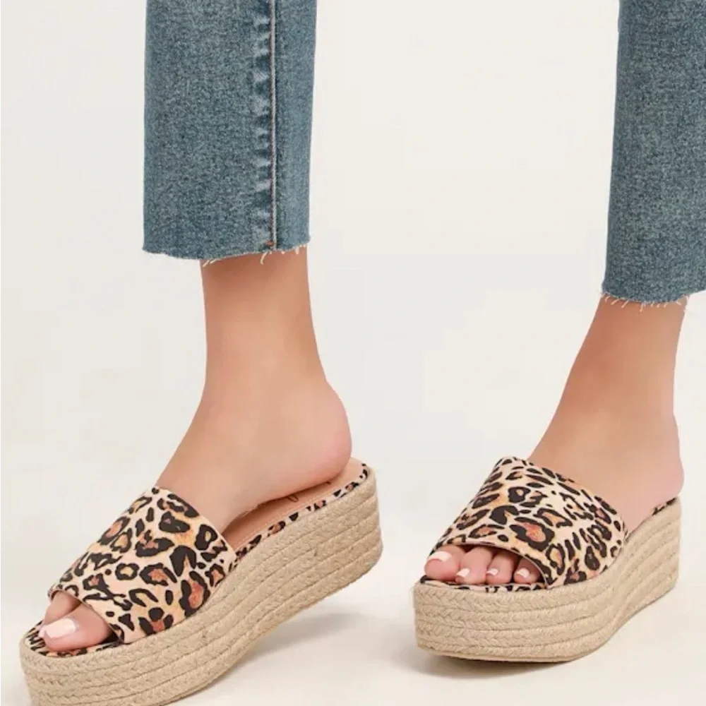 Lulus| Oahu 2 Wedge Leopard Print Espadrille Platform Slides Sandals |Size 8 NIB